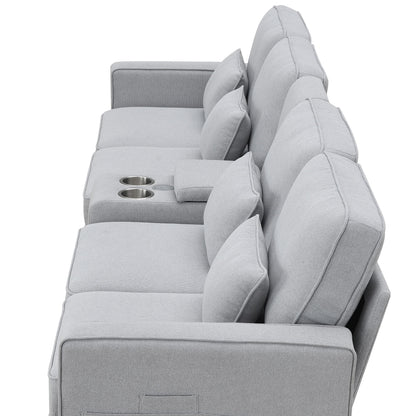 Upholstered Sofa With Console, 2 Cupholders And 2 USB Ports Wired Or Wirelessly Charged, Modern Linen Fabric Couches With 4 Pillows (4 Seat) - Light Gray