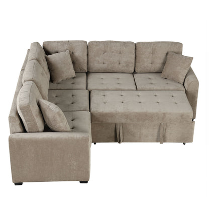 L-Shape Sofa Bed Pull-Out Sleeper Sofa With Wheels, USB Ports, Power Sockets For Living Room - Khaki