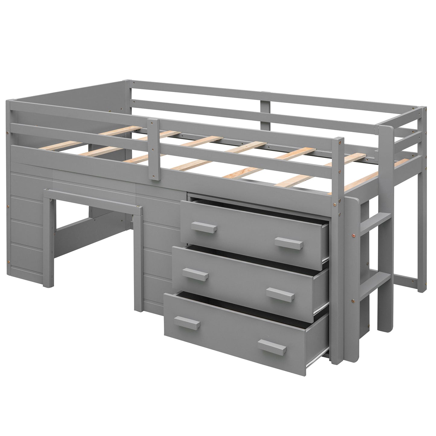 Twin Size Loft Bed With Cabinet And Shelf - Gray
