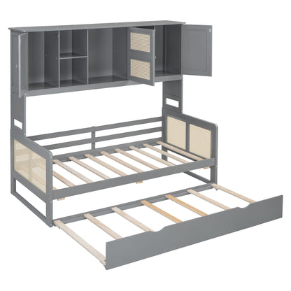 Twin Size Wooden Daybed With Twin Size Trundle, And All In One Cabinet And Shelf - Gray