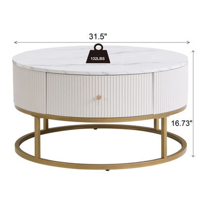 Modern Round Coffee Table With Drawers, Faux Marble, Metal Frame - Off White