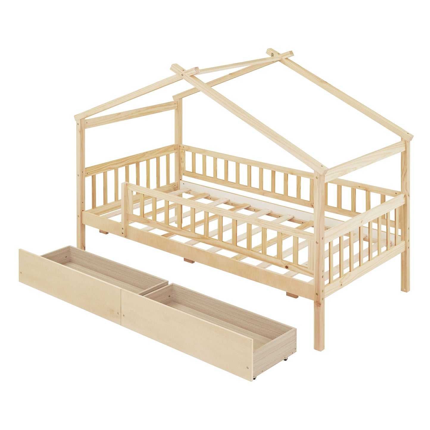 Twin Size House Bed With 2 Drawers - Natural