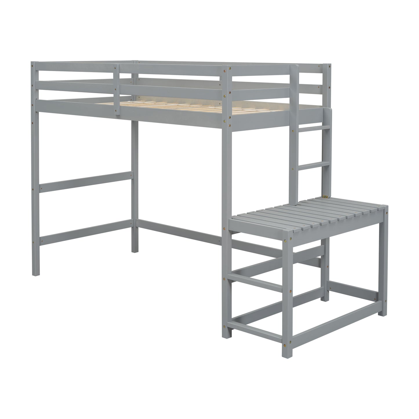 Twin Size High Loft Bed With Ladder Landing Platform, Ladders, Guardrails - Gray