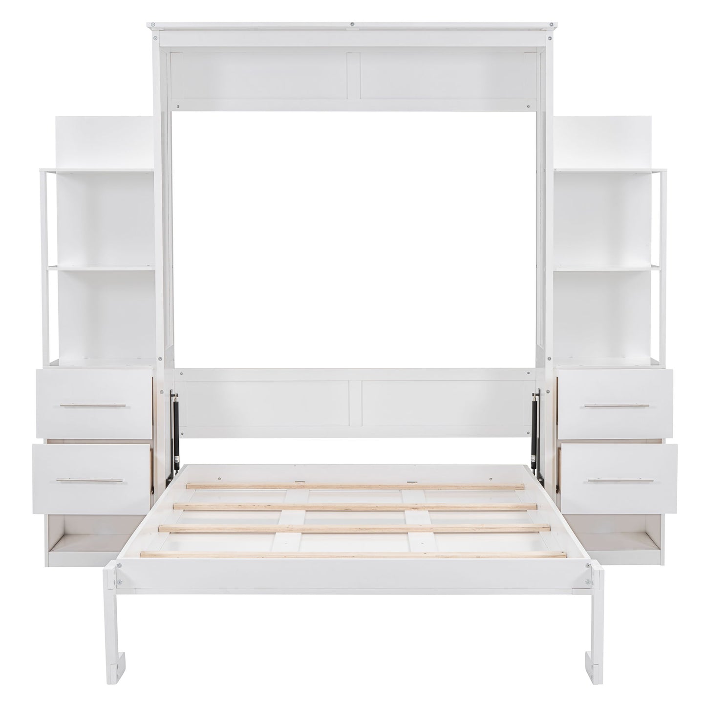 Full Size Murphy Wall Bed With Shelves, Drawers And LED Lights - White