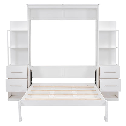 Full Size Murphy Wall Bed With Shelves, Drawers And LED Lights - White