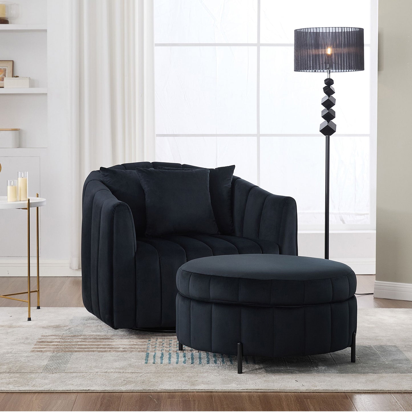 Oversized Swivel Barrel Accent Chair And Ottoman Set With Storage - Black