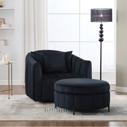 Oversized Swivel Barrel Accent Chair And Ottoman Set With Storage - Black