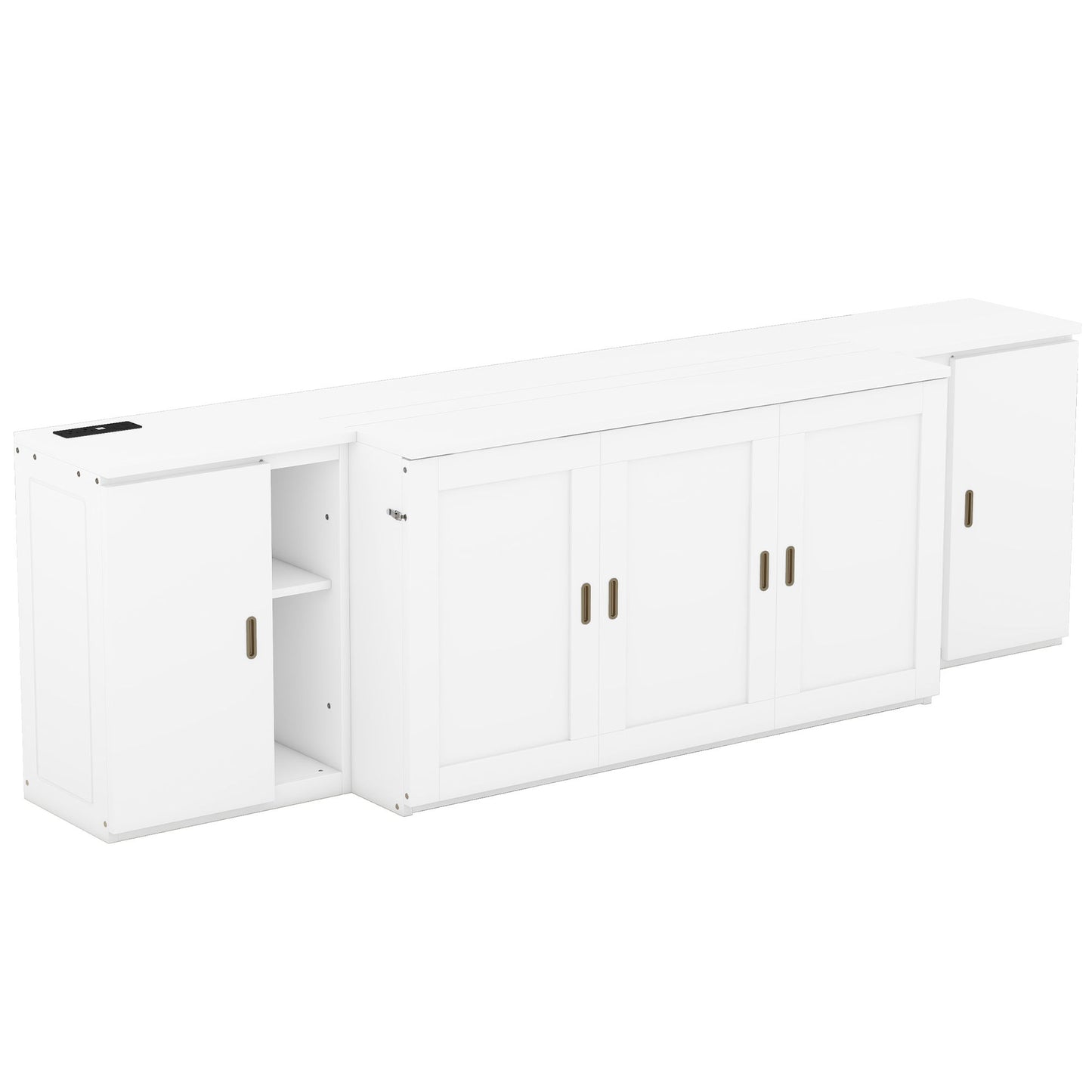 Queen Size Murphy Bed With Shelves, Cabinets And USB Ports - White