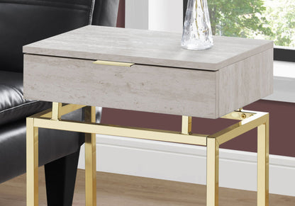 Accent Side Table, Storage Drawer, Marble Look - Beige