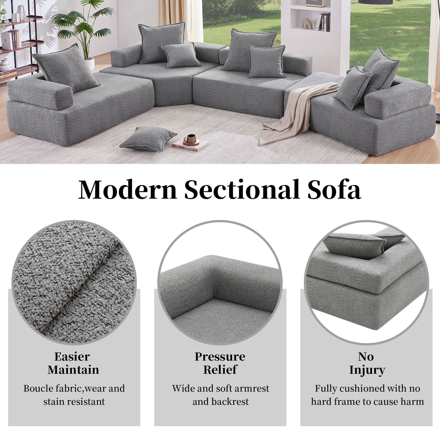 Loveseat Frame For Oversized Modular U Shaped Sectional Floor Couch Convertible Compressed Couch, Spacious Foam Filled Sofa - Gray