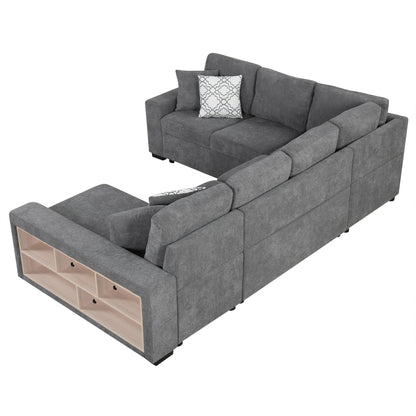 U-Shaped Sectional Sofa Pull-Out Sofa Bed With Two USB Ports, A Storage Chaise Lounge And Four Back Pillows For Living Room - Gray