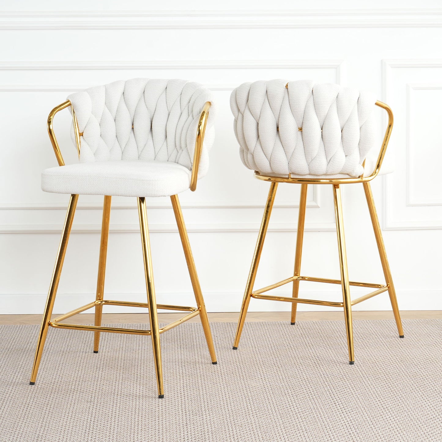 Modern Design High Stool With Gold Plated Legs Linen Bar Chair For Kitchen Dining And Cafe (Set of 2) - White