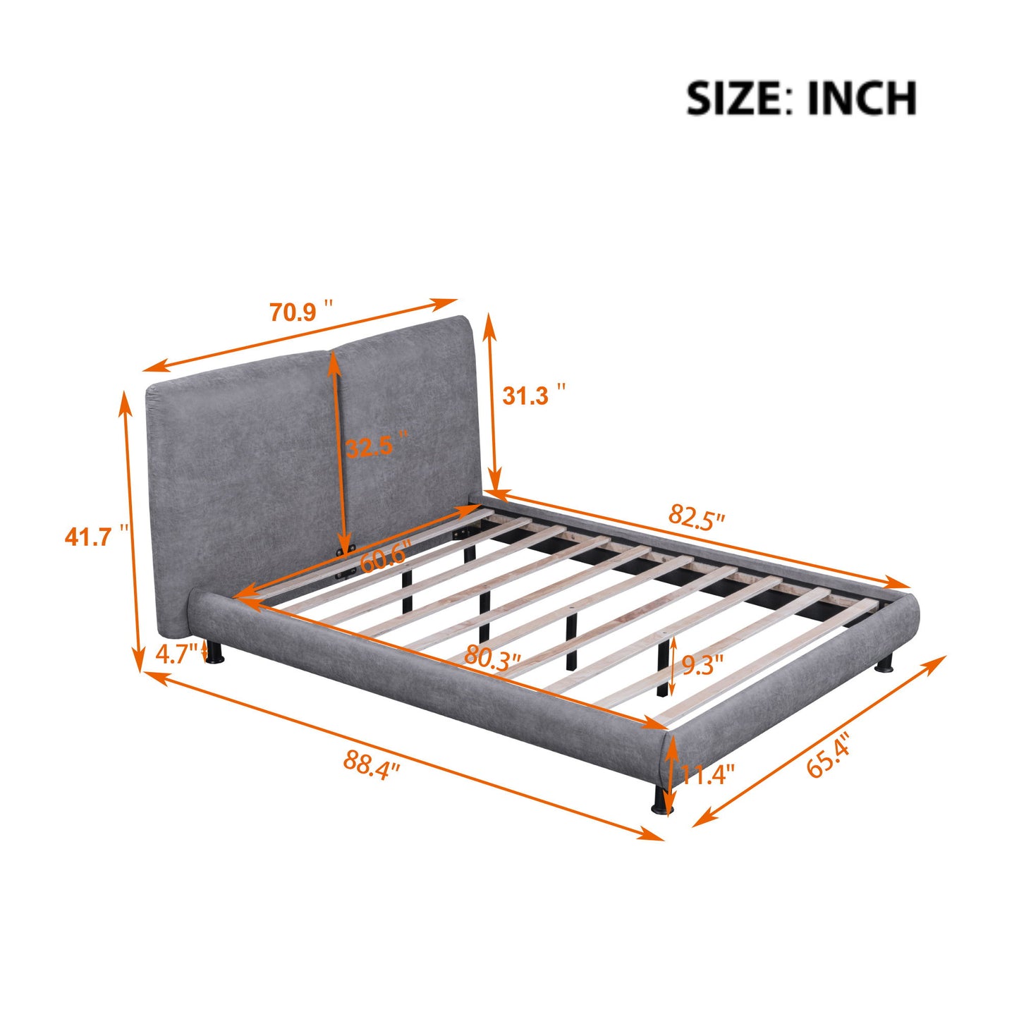 Queen Size Upholstered Platform Bed With 2 Large Headrests And Thick - Gray