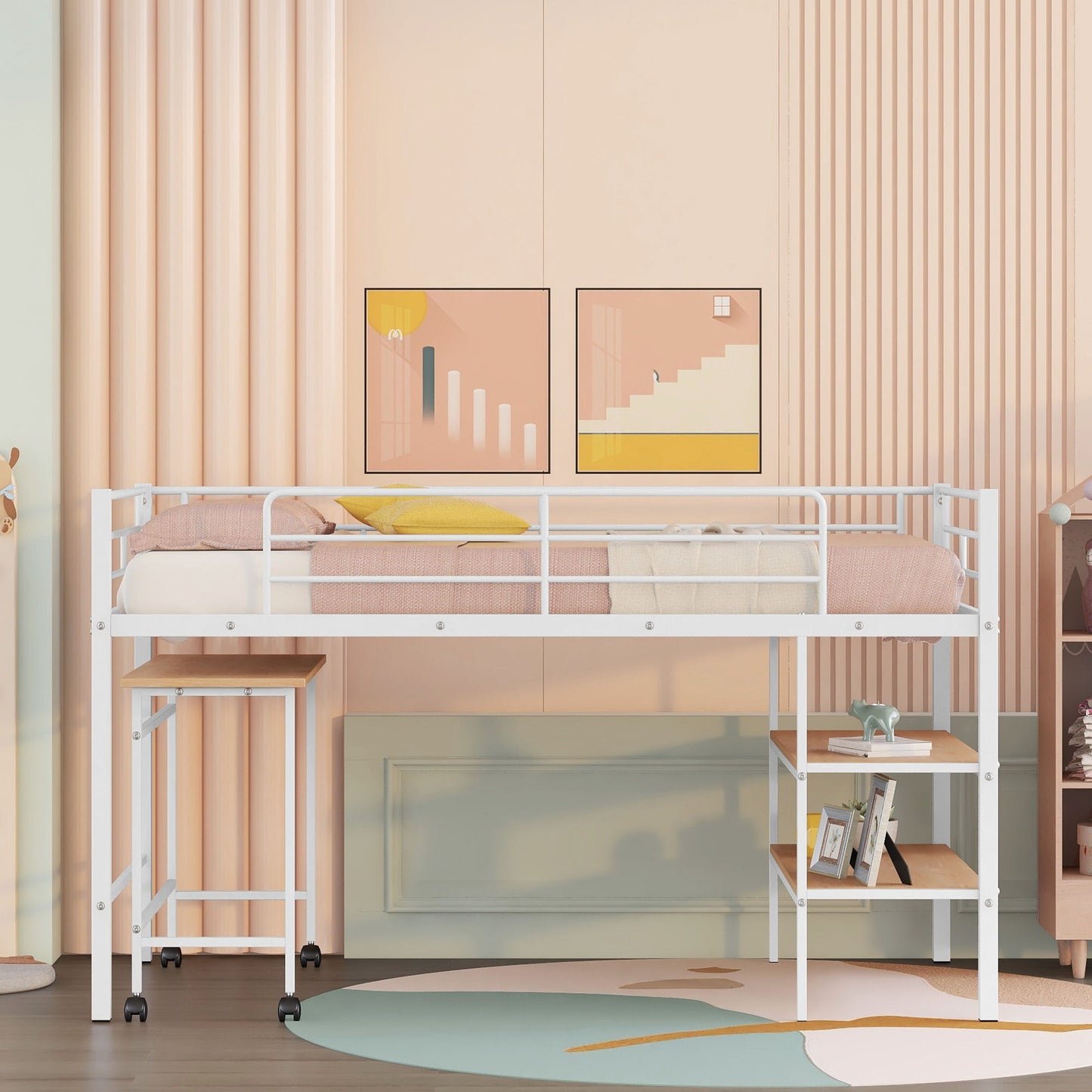 Twin Size Loft Bed With Desk And Shelves - White