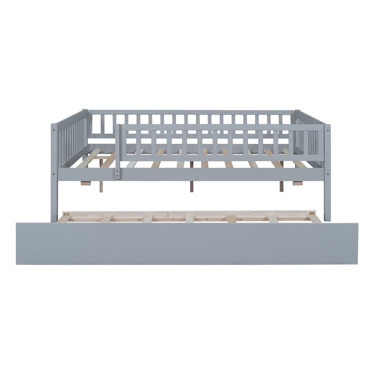 Full Size Daybed With Trundle And Fence Guardrails - Gray