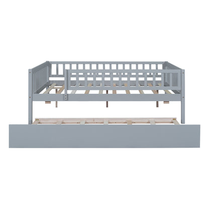 Full Size Daybed With Trundle And Fence Guardrails - Gray