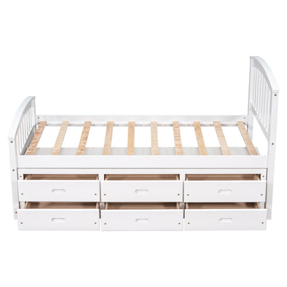 Twin Size Platform Storage Bed Solid Wood Bed With 6 Drawers - White