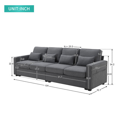4 Seater Modern Linen Sofa With Armrest Pockets And 4 Pillows, Minimalist Style Couch - Dark Gray