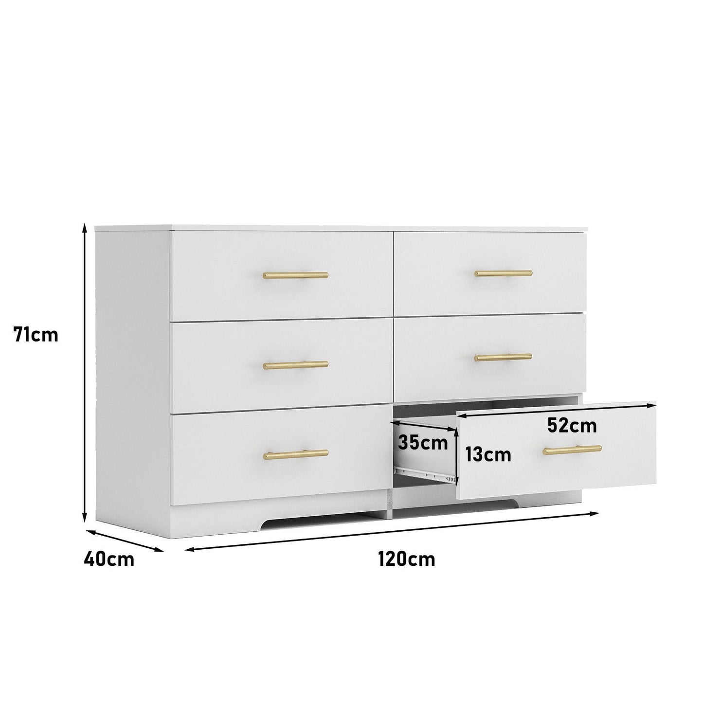 Large 6 Drawers Chest Of Drawer Dressers Table With Golden Handle - White