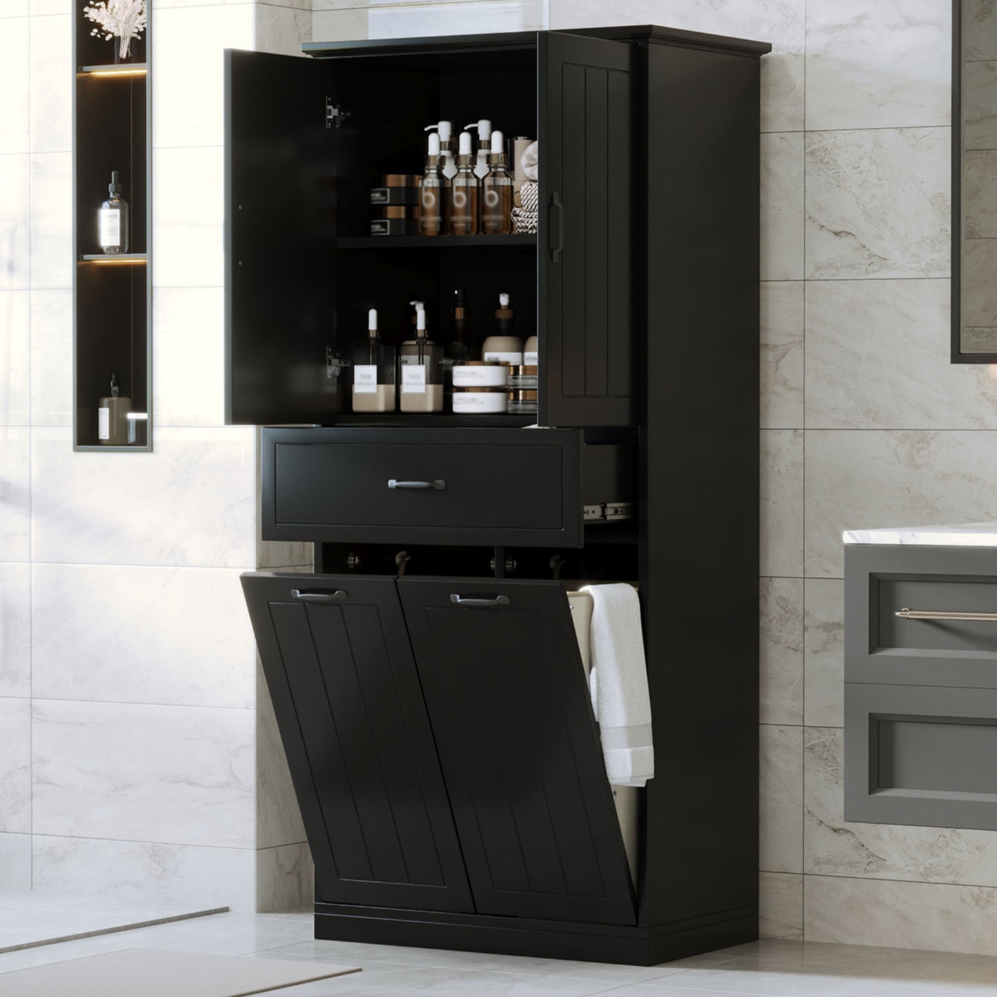 Stylish Bathroom Storage Cabinet With 2 Laundry Baskets And Drawer - Black