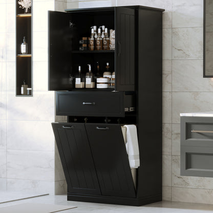 Stylish Bathroom Storage Cabinet With 2 Laundry Baskets And Drawer - Black