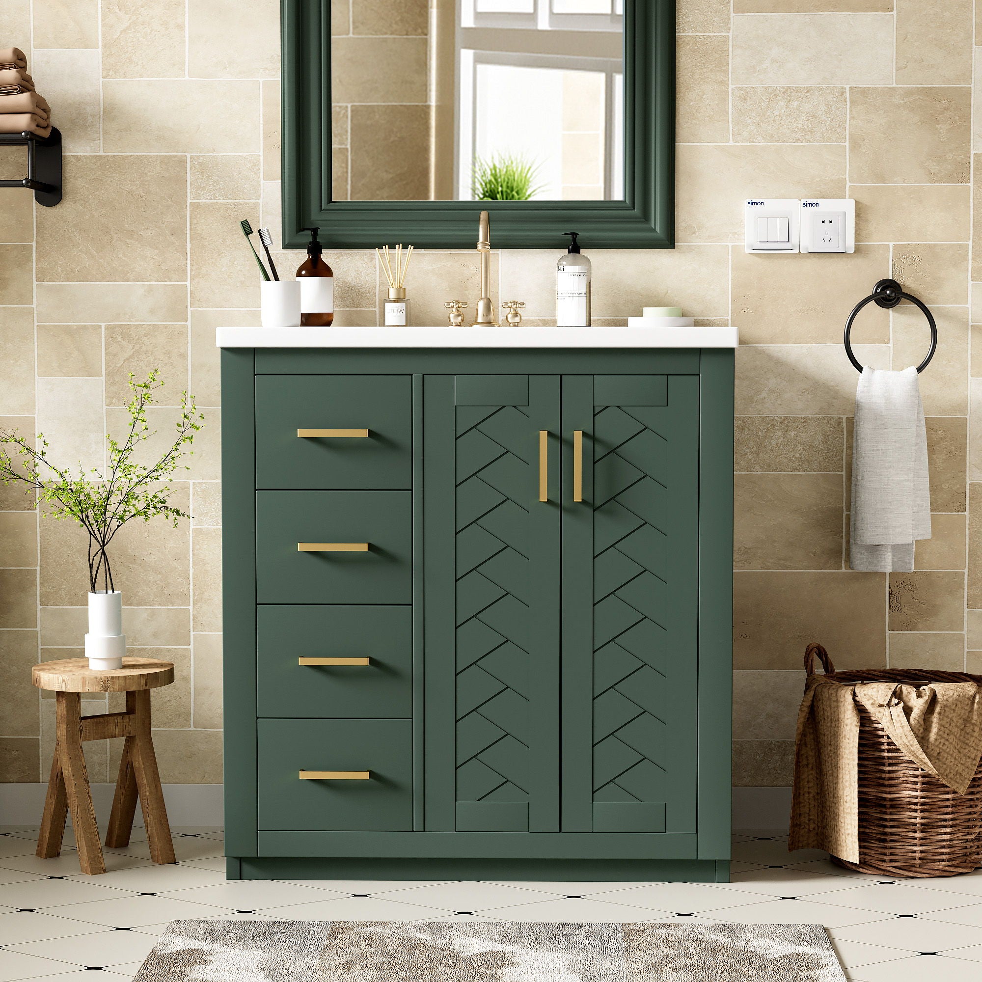 Bathroom Vanity With Ceramic Sink Combo, Frame Bathroom Storage Cabinet, Freestanding Vanity Set With 3 Drawers & Soft Closing Doors - Green