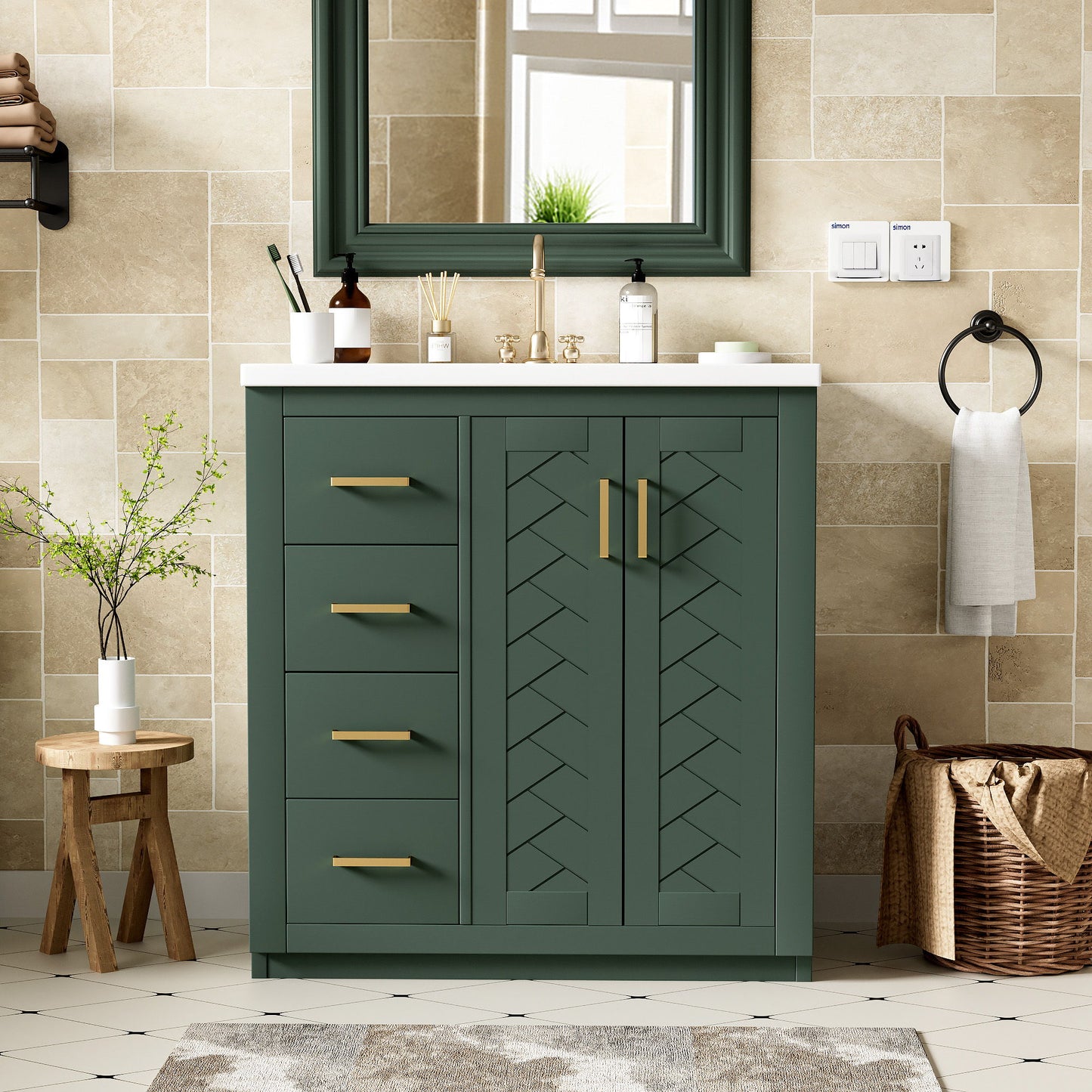 Bathroom Vanity With Ceramic Sink Combo, Frame Bathroom Storage Cabinet, Freestanding Vanity Set With 3 Drawers & Soft Closing Doors - Green
