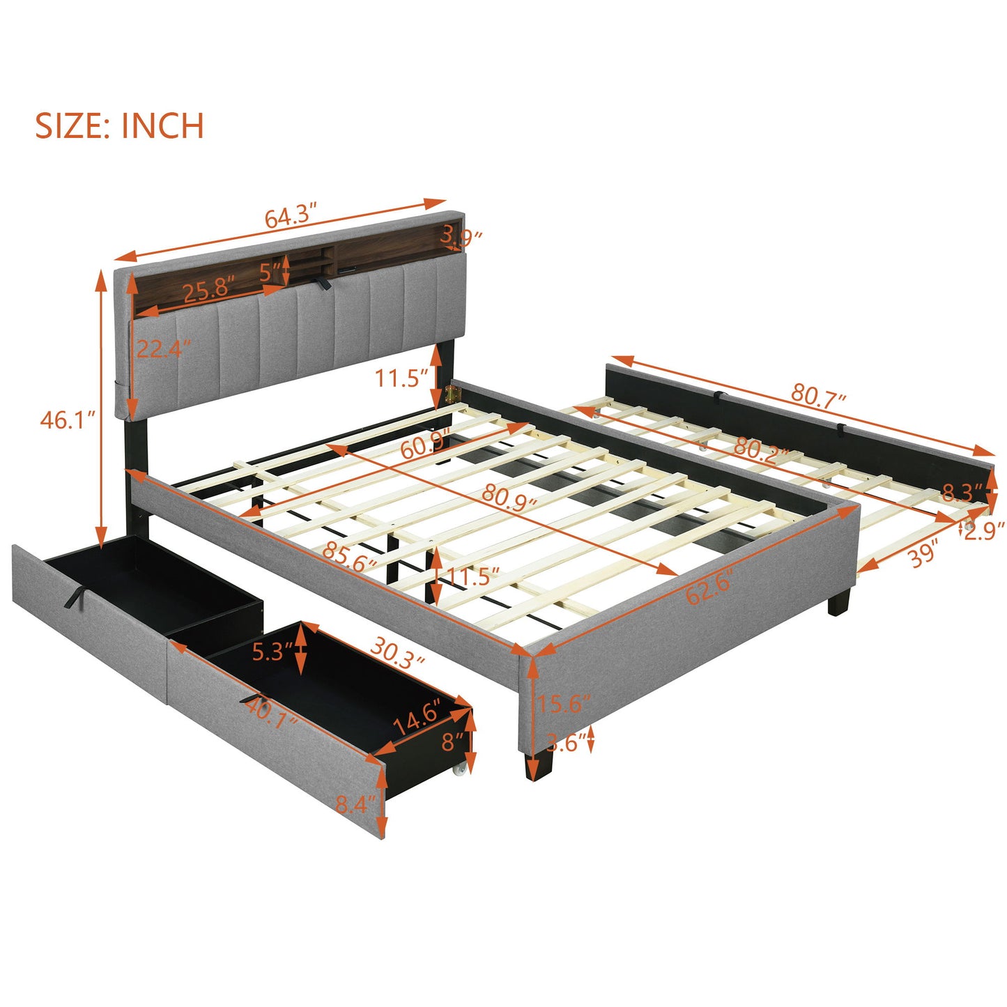 Queen Size Upholstered Platform Bed With Storage Headboard, Twin Long Size Trundle & 2 Drawers And A Set Of Sockets & USB Ports - Gray