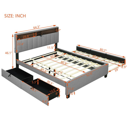 Queen Size Upholstered Platform Bed With Storage Headboard, Twin Long Size Trundle & 2 Drawers And A Set Of Sockets & USB Ports - Gray