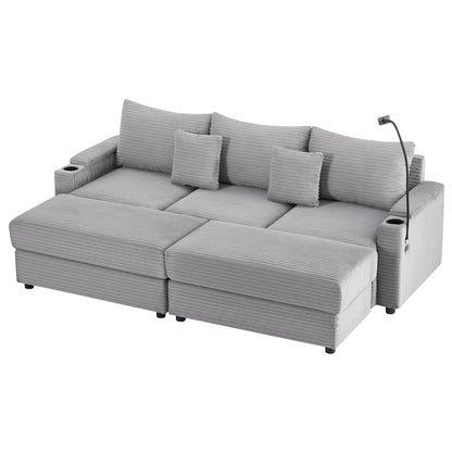 Modern Style 3 - Seater Sofa Sectional Sofa Couch With Storage Space, Two Movable Ottomans, Two USB Ports, Two Cup Holders, A Phone Holder For Living Room - Gray