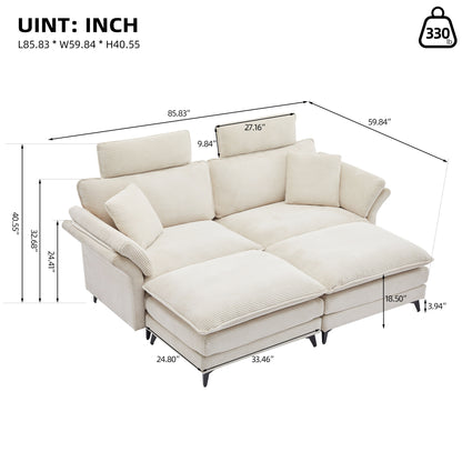 Modern Corduroy, Loveseat Sofa, Deep Seat Sectional Sofa With Ottomans Comfortable Cloud Sofa For Living Room, Apartment, Office, Couch - Beige