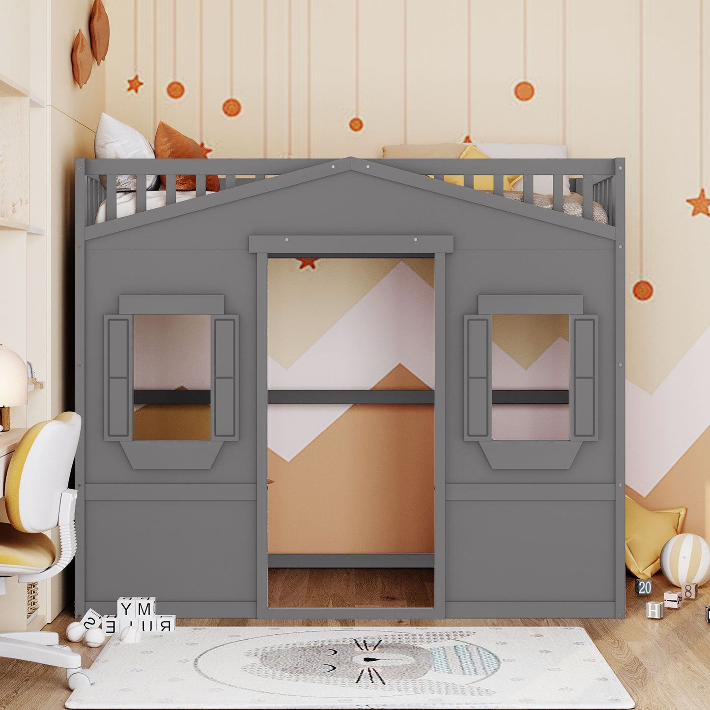 Twin Size House Loft Bed With Ladder - Gray