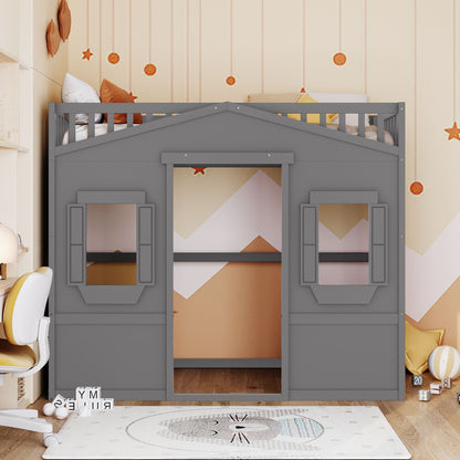 Twin Size House Loft Bed With Ladder - Gray