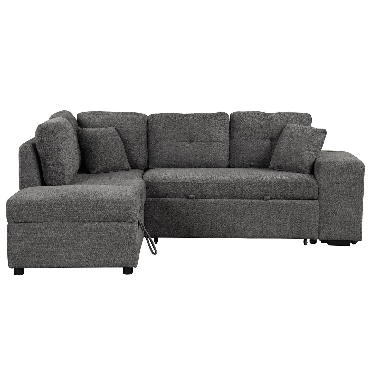 Convertible Sleeper, Sectional Pull Out Sofa Bed With Storage Ottoman, 2 Throw Pillows, 2 Stools, Wireless Charger And Two Hidden USB Ports For Living Room - Dark Gray