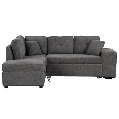 Convertible Sleeper, Sectional Pull Out Sofa Bed With Storage Ottoman, 2 Throw Pillows, 2 Stools, Wireless Charger And Two Hidden USB Ports For Living Room - Dark Gray