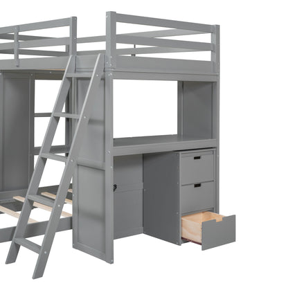 Twin Over Twin Bunk Bed With LED Light And USB Ports - Gray