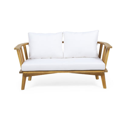 4 Pieces Acacia Wood Patio Furniture Set, Outdoor Furniture With Coffee Table, Patio Conversation Set Deep Seating With Soft Cushion, Porch Chairs For Backyard Porch Balcony - Teak / White