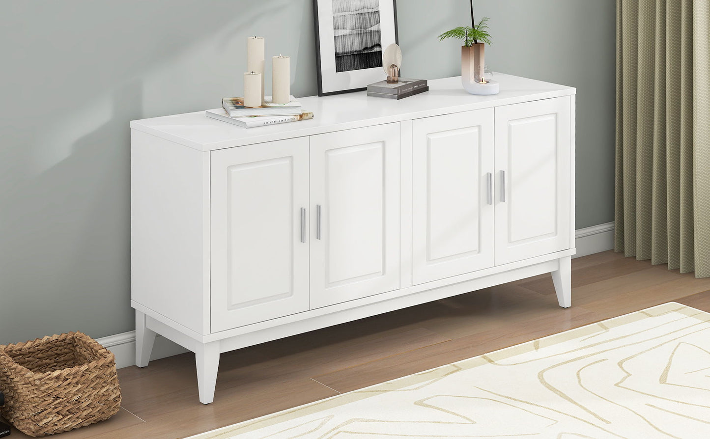4 Door Sideboard Storage Cabinet With Door Shelf For Living Room And Dining Room, 2 Large Cabinets With Adjustable Shelf - White