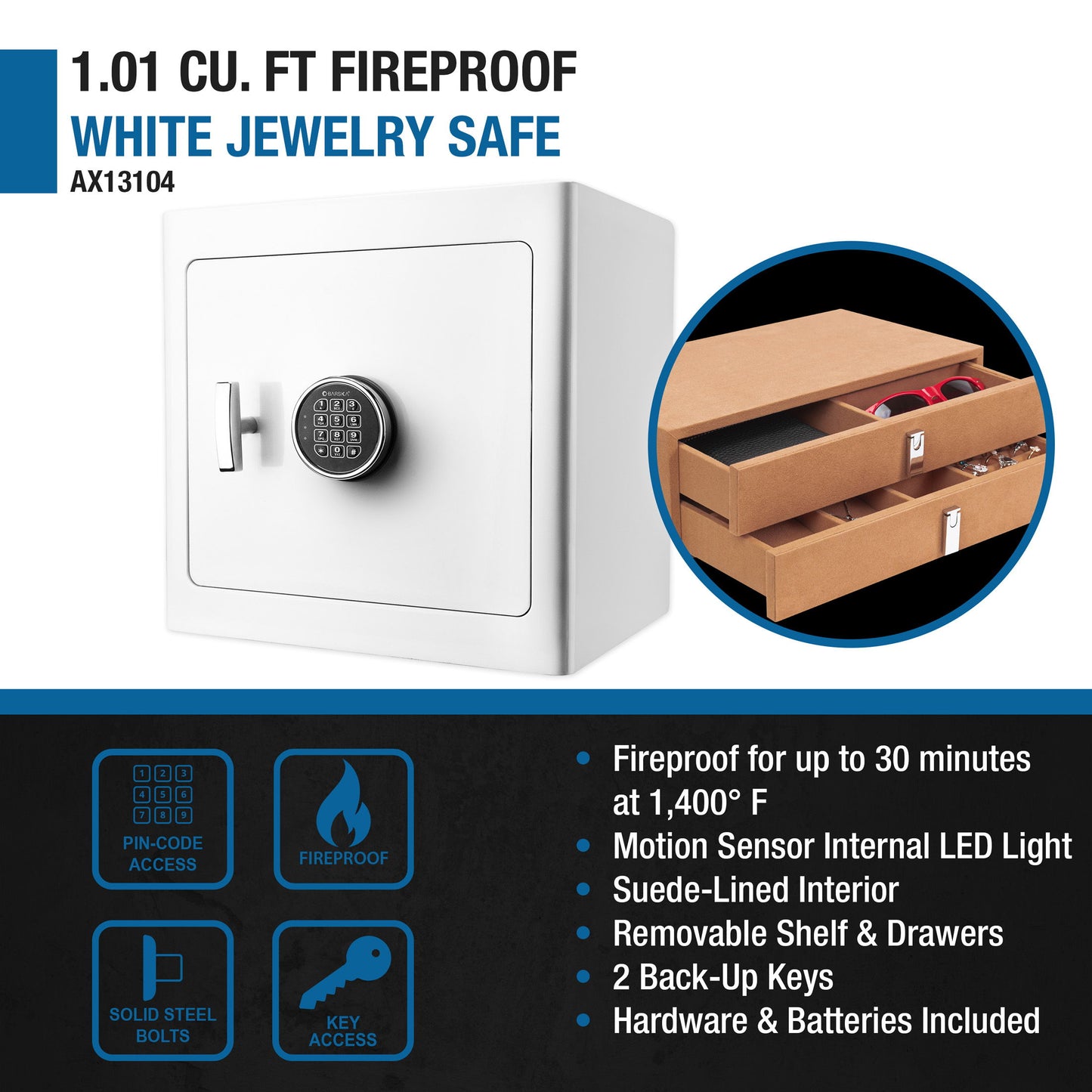 1.01 Cubic Ft Jewelry Safe - White