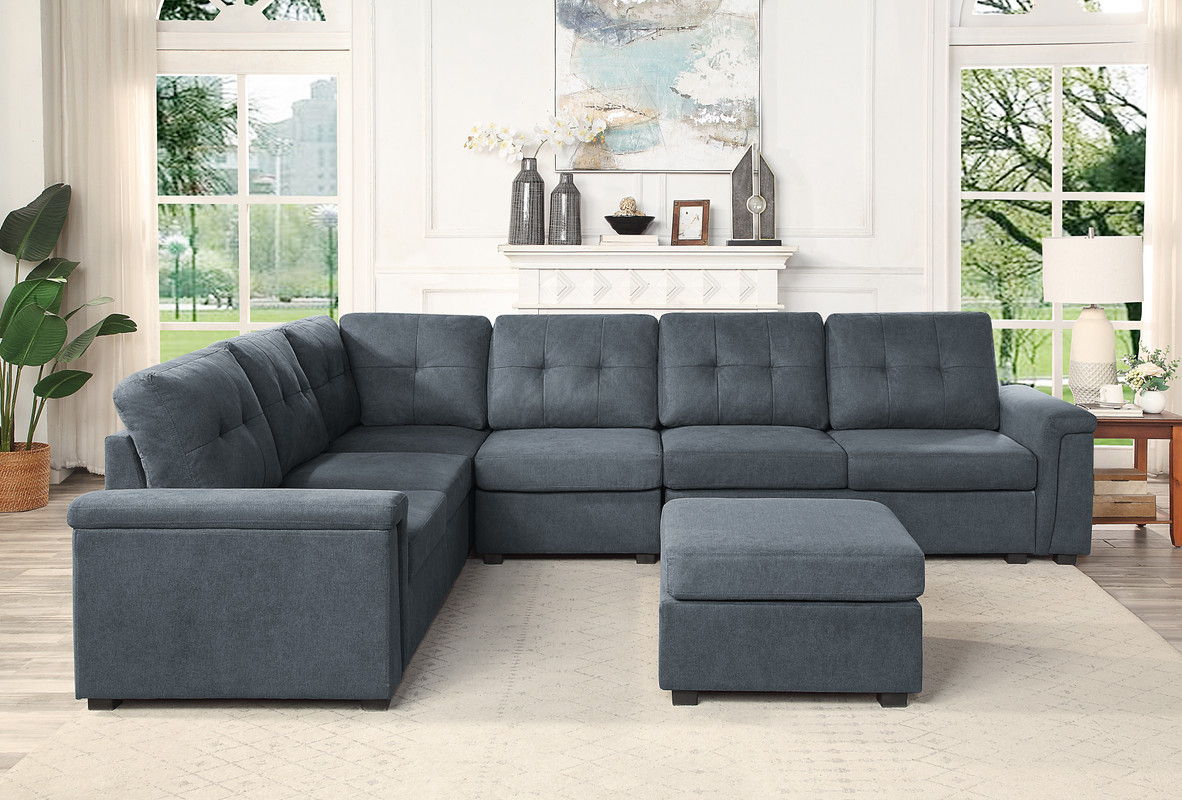 Isla - Woven Fabric 7 Seater Sectional Sofa & Ottoman - Gray