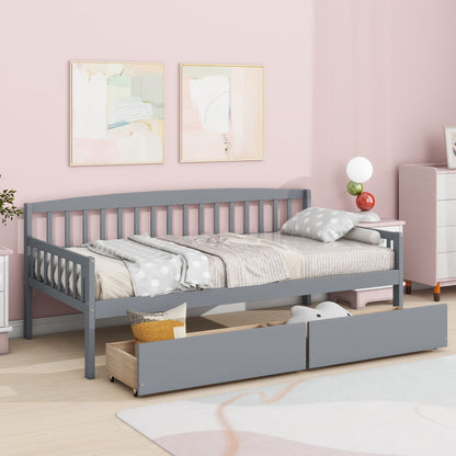 Twin Size Pine Wood Daybed With Two Storage Drawers, Sofa Bed With Bed Platform Of 10 Support Slats - Gray