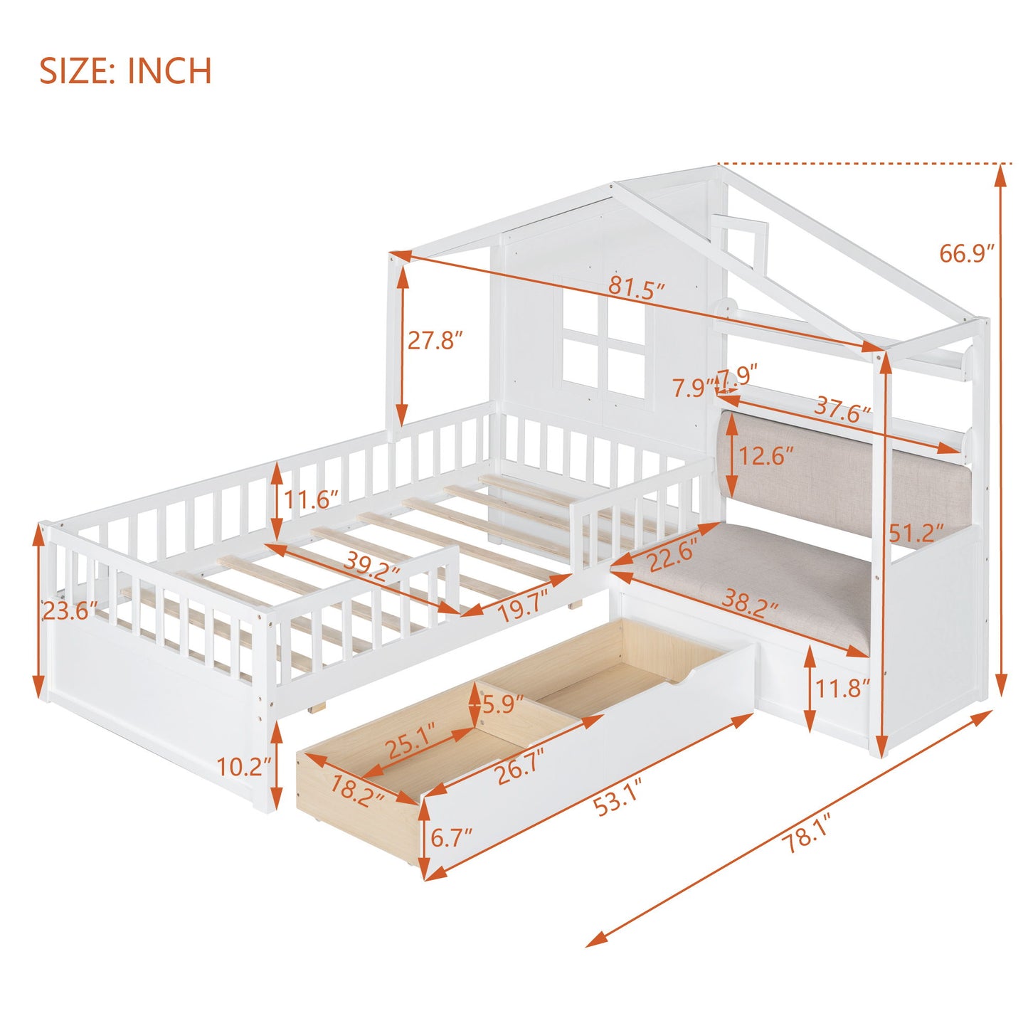 Twin Size House Bed With Sofa, Kids Platform Bed With 2 Drawers And Storage Shelf - White