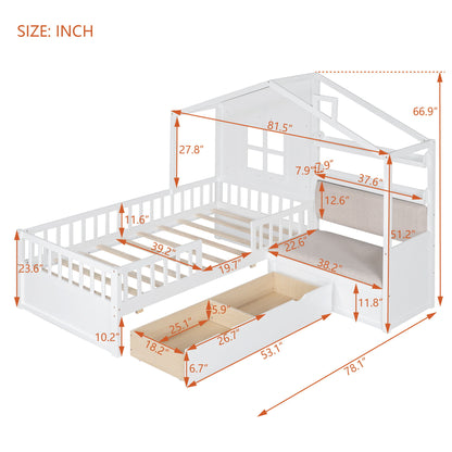 Twin Size House Bed With Sofa, Kids Platform Bed With 2 Drawers And Storage Shelf - White