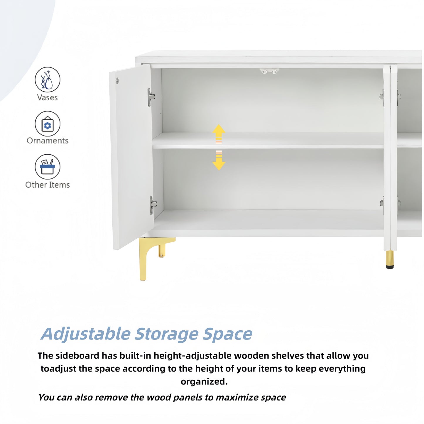 Multi Functional Storage Cabinet, 4 Door Sideboard With Unique Texture, Adjustable Shelves - White