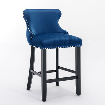 Contemporary Velvet Upholstered Wing-Back Barstools With Button Tufted Decoration And Wooden Legs, And Chrome Nailhead Trim, Leisure Style Bar Chairs, Bar Stools (Set of 4) - Blue