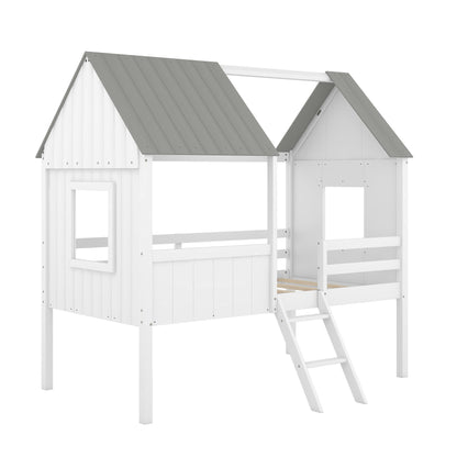 Twin Size Low Loft House Bed With Two Side Windows - White / Gray
