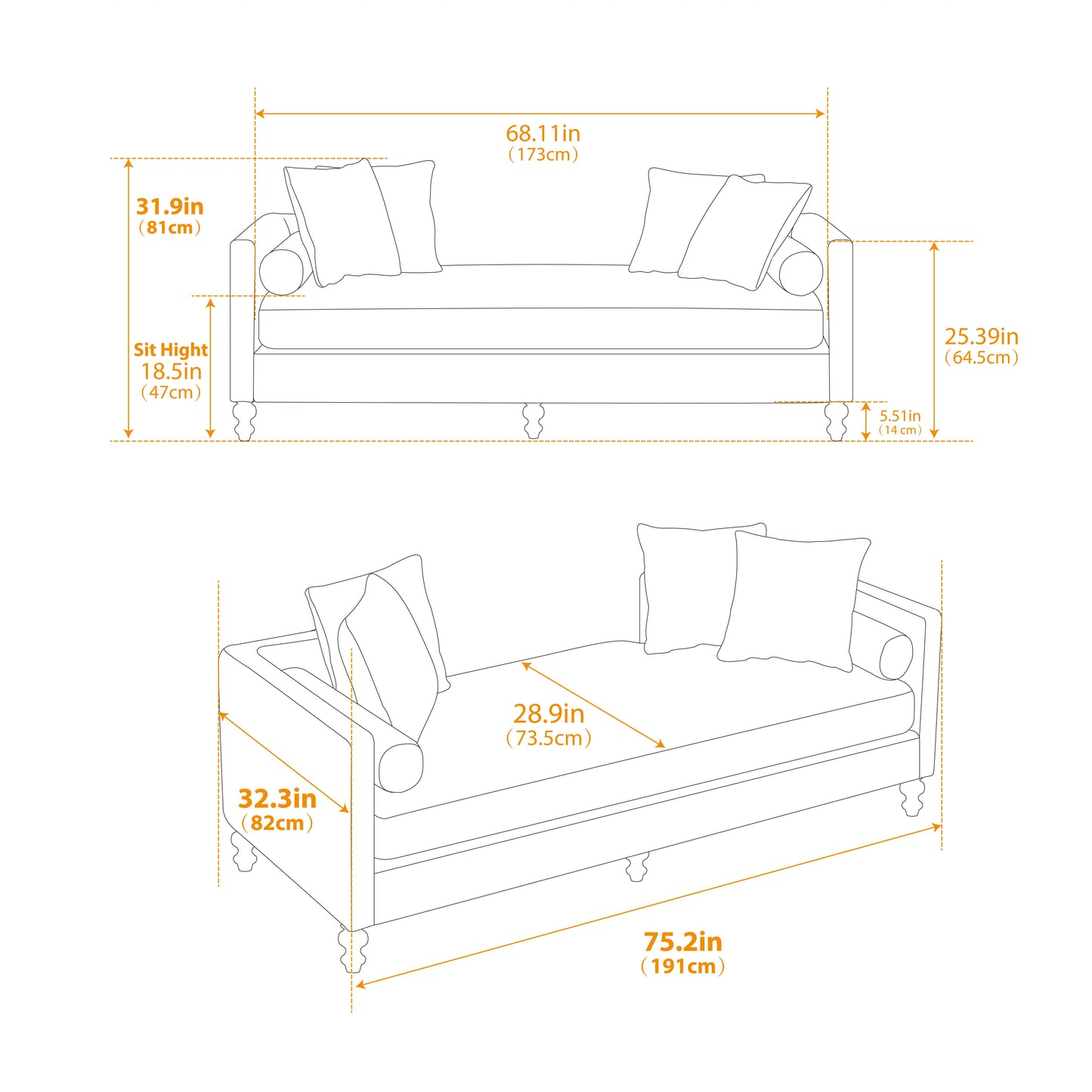 Upholstered Chaise Lounge Indoor With Nailheads, Sleeper Sofa Couch With 4 Throw Pillows & 2 Bolsters, Daybed With Rubberwood Legs - Taupe