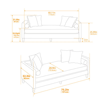 Upholstered Chaise Lounge Indoor With Nailheads, Sleeper Sofa Couch With 4 Throw Pillows & 2 Bolsters, Daybed With Rubberwood Legs - Taupe