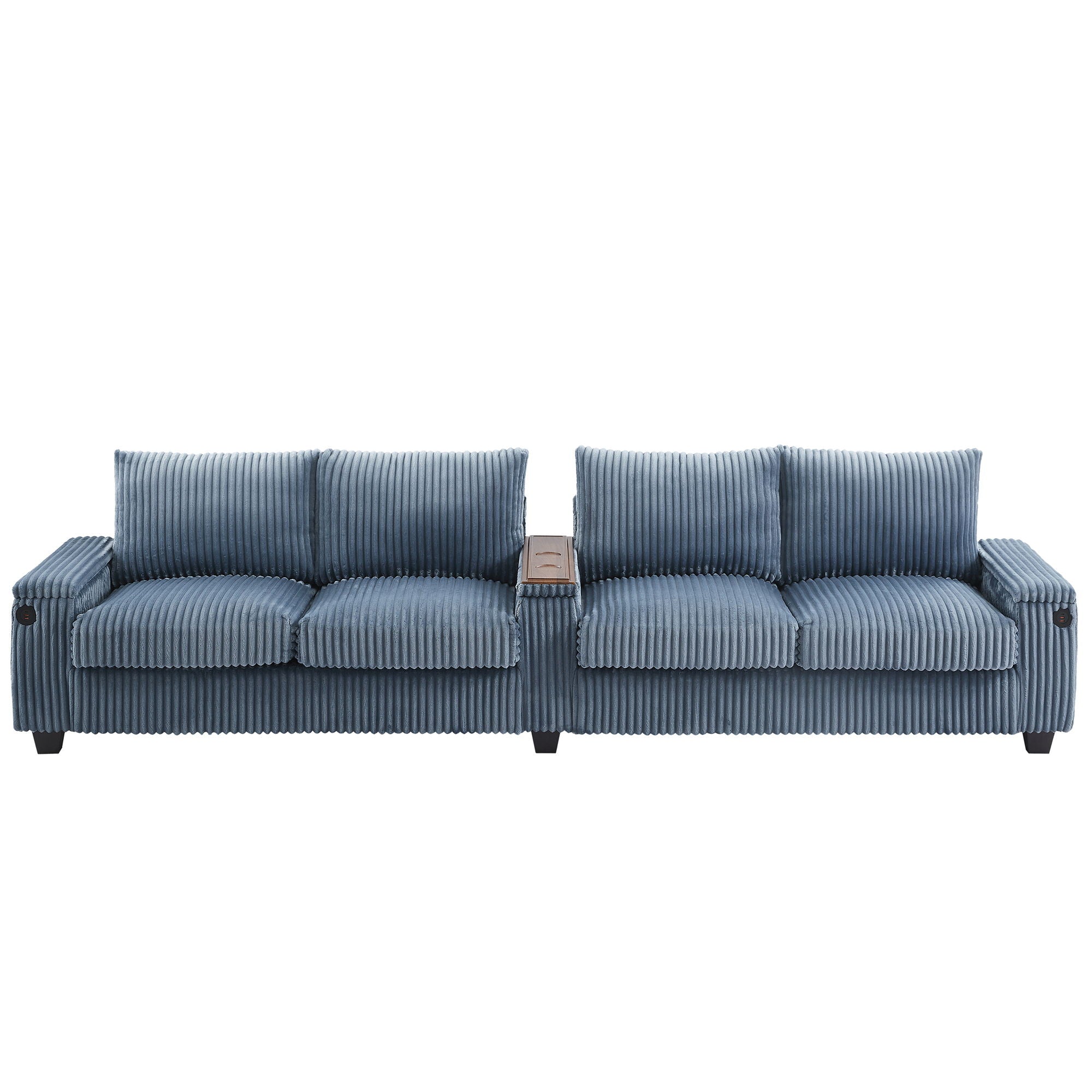 Modern 4 Seater Corduroy Sofa Couch With USB Ports, Hidden Storage, Flip Top Cup Holders - Blue