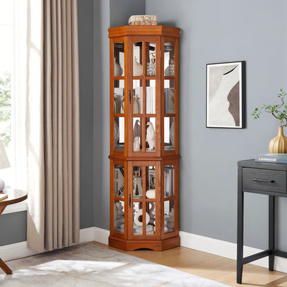 Corner Curio Cabinet With 5 Shelves And Lighting System (E26 Light Bulb Not Included) - Oak